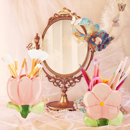 2 Pcs Pink Flower Ceramic Pen Holder Cute Tulip Pencil Holder Aesthetic Flower Makeup Brush Vase Decorative Desktop Organizer Birthday Gift for Women Office Home Wedding Party Decor