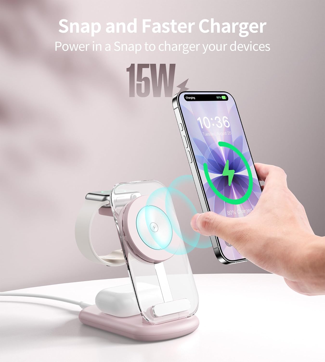 3 in 1 Magnetic Wireless Charging Station for Apple Devices, Fast Foldable Travel Mag-Safe Charger Stand with Night Light for iPhone 17 16 15 14 13 12 Series, Apple Watch/AirPods Pro, BU