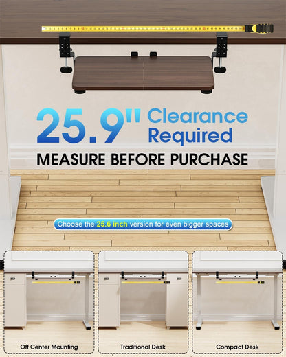 Large Keyboard Tray Under Desk, Pull Out Keyboard & Mouse Tray with Adjustable C-clamp, 25.6(31.5 Including Clamps) x 11.8 Inch Slide Out Computer Keyboard Drawer Mouse Tray for Typing, Brown