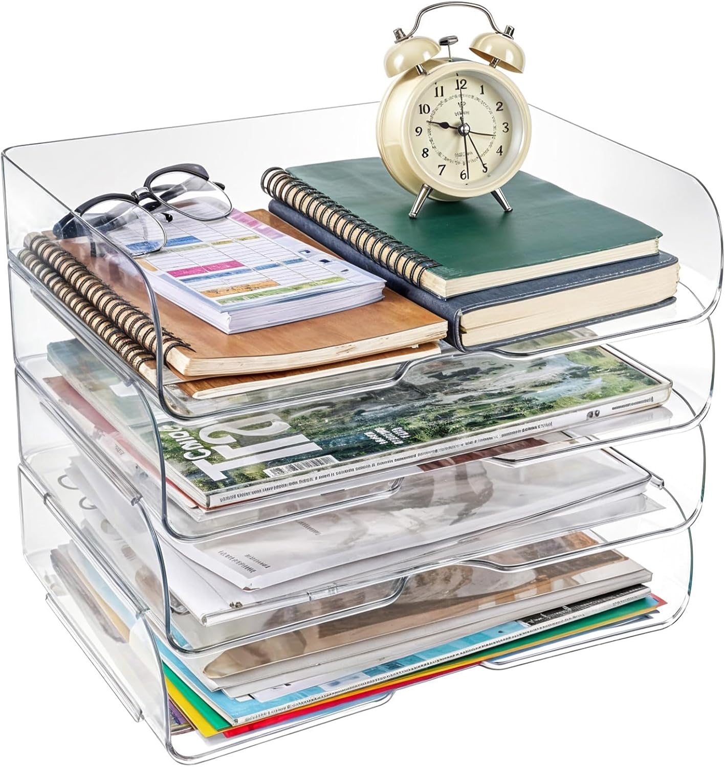 4 Pack Paper Organizer Letter Tray Clear Desk Organizer, Clear PET Desk Rrganizer for Magazines, Binders, Notebooks, Envelopes, Multi-Purpose Plastic Paper Tray Organizer