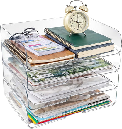 4 Pack Paper Organizer Letter Tray Clear Desk Organizer, Clear PET Desk Rrganizer for Magazines, Binders, Notebooks, Envelopes, Multi-Purpose Plastic Paper Tray Organizer