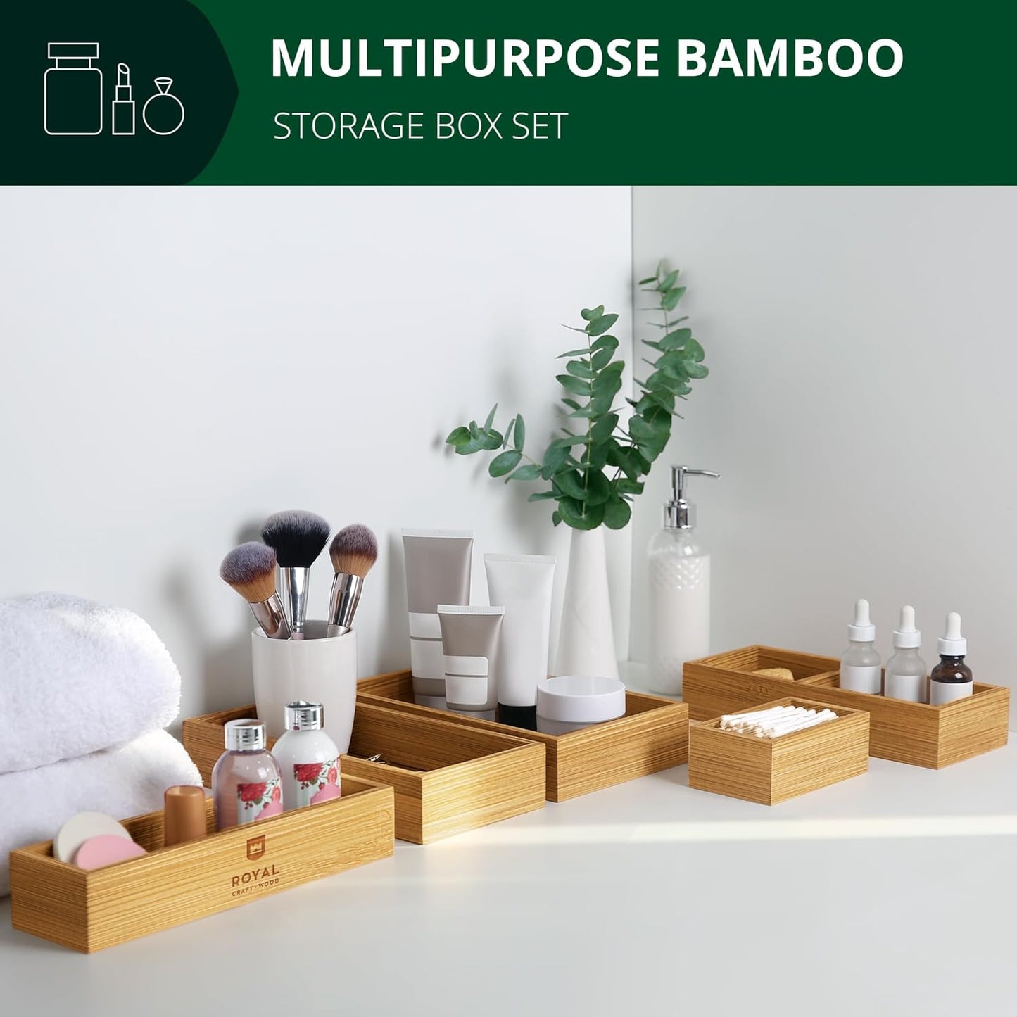 ROYAL CRAFT WOOD 5-Piece Bamboo Drawer Organizer Set – Multi-Use Storage Trays for Kitchen, Bathroom, Office, Makeup, Jewelry & More – Junk Drawer Tray, Utensil Holder, Storage Box & Bin Set (5 Boxes)