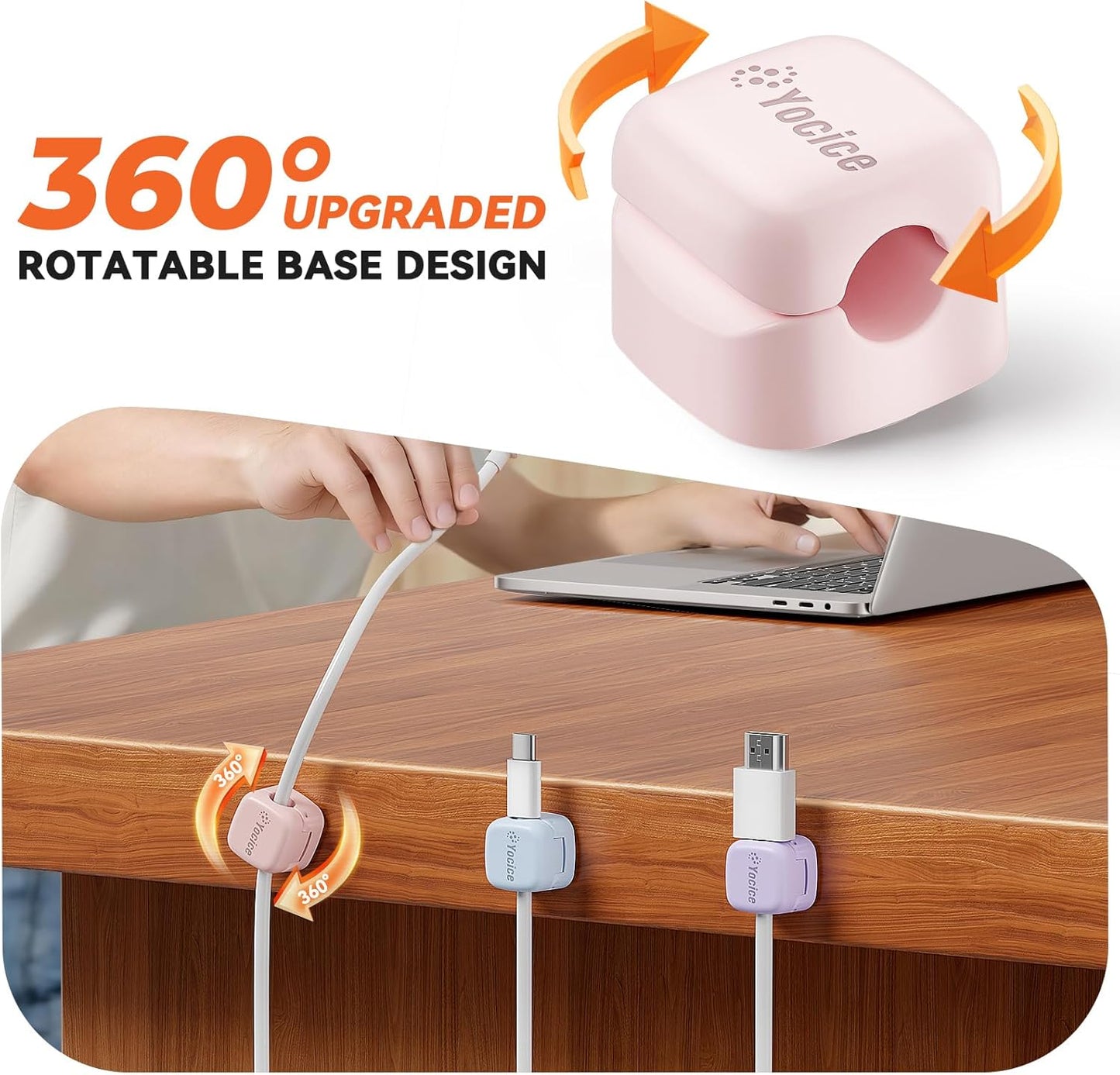 6Pack Rotatable Cord Organizer,Spring Cable Clips Desk Cable Management Cord Holder Adhesive Phone Charger Cord Clips for Home Office Car Wall Nightstand Accessories, Clear