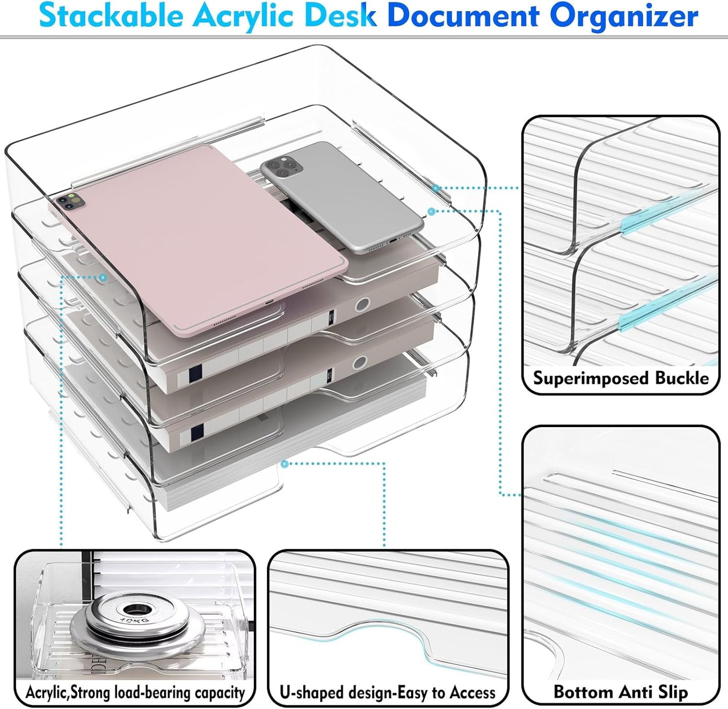 Paper Organizer Letter Tray - Acrylic Stackable Desk File Organizer with 5-Gird Tray and Pencil Holder, Clear File Organizer for Desk, Office Organizer for File Paper, Ipad, Letter, Small Item Etc