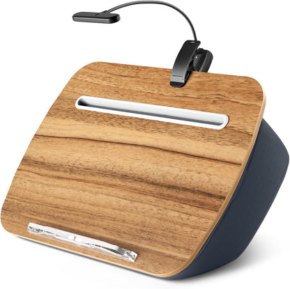 Reading Book Pillow Stand with 3-Color Adjustable Light, Hands-Free Book Holder for Bed or Lap, Wooden Surface, AAA Batteries Required
