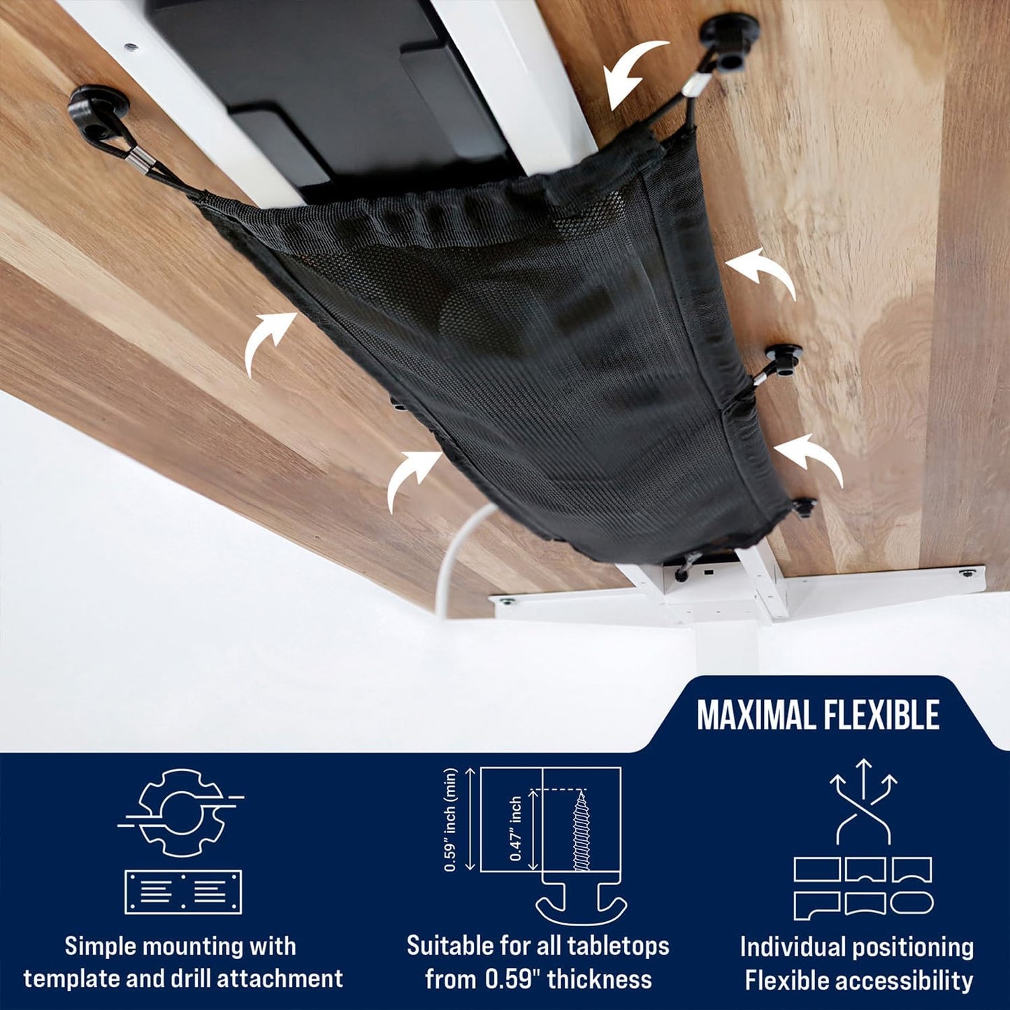 Cable Management net - Under Desk Wire Management - Flexible Under Desk Cable Management Tray White