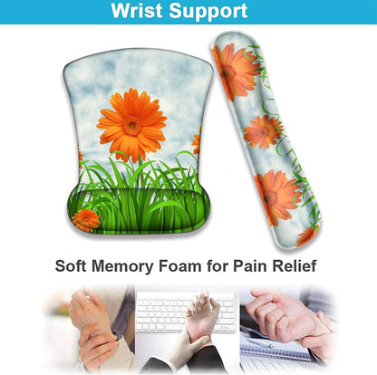 Ergonomically Upgraded Keyboard Wrist Rest and Comfortable Gel Mouse Pad Set, Non-Slip Rubber Base Cute Coaster, for Work, Game Home, Sunflower
