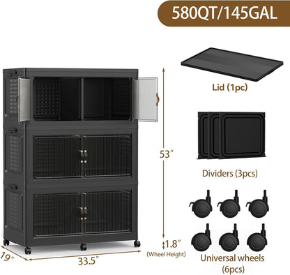SAILUN 145Gal/580Qt Collapsible & Stackable Storage Bins with Door & a Lid,Perfect for Blanket Storage, Pillow Organizer, Bedroom Closet & Living Room, Black 26" W x 17" D x 71" H