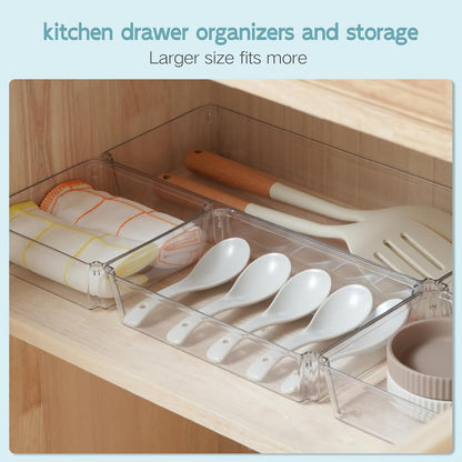 6 Pack Large Clear Plastic Drawer Organizer Trays, Desk Drawer Organizers and Storage Dividers, Non-Slip Storage Bins for Jewelry, Snacks, Office, Bathroom, Bedroom and Kitchen