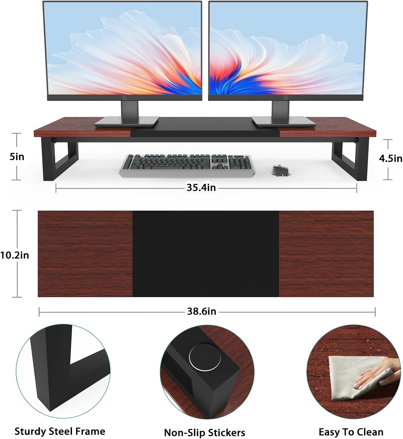 YAOHUOO Dual Monitor Stand Riser, 39Inch Large Monitor Stands for 2 Monitors, Computer Monitor Stand, Wooden Desktop Oraganizer Shelf for Office Desk Computer,Laptop,TV