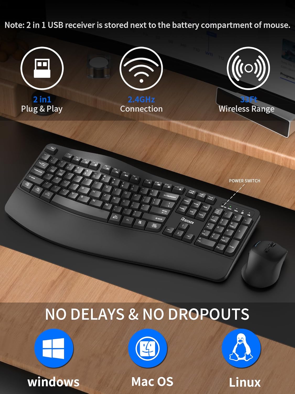 Wireless Keyboard and Mouse Combo,2.4G Full Size Wave Keys Ergonomic Keyboard with Wrist Rest for Natural Typing, 3 DPI Adjustable Ergonomic Silent Mouse for Computer/Laptop/Windows/Mac (Gray)