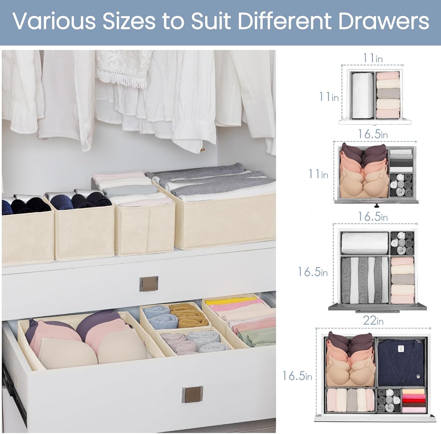Criusia Drawer Organizer Clothes, 8 Pack Underwear Organizer, Foldable Closet Organizers and Storage Dresser Dividers for Clothes, Socks, Scarves, Ties (Gray)