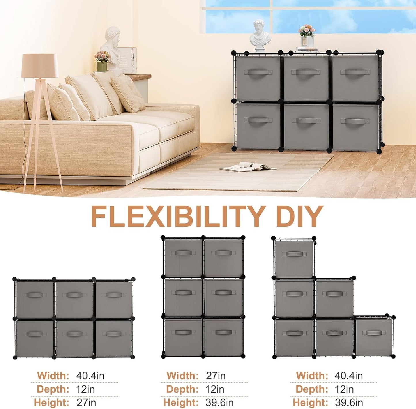 Leinuosen 6 Cube Storage Organizer with Fabric Bins, Wire Grid Stackable Shelves, Modular Storage Units for Bedroom Living Room Office Toys Book Craft(Black,Gray)