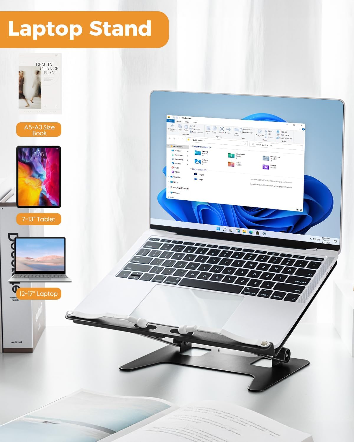 Honagu Adjustable Laptop Stand for Desk, Metal Foldable Laptop Riser, Portable Desktop Book Stand Holder, Ergonominc Computer Notebook Stand Compatible with 10-15.6” Laptops (Silver)