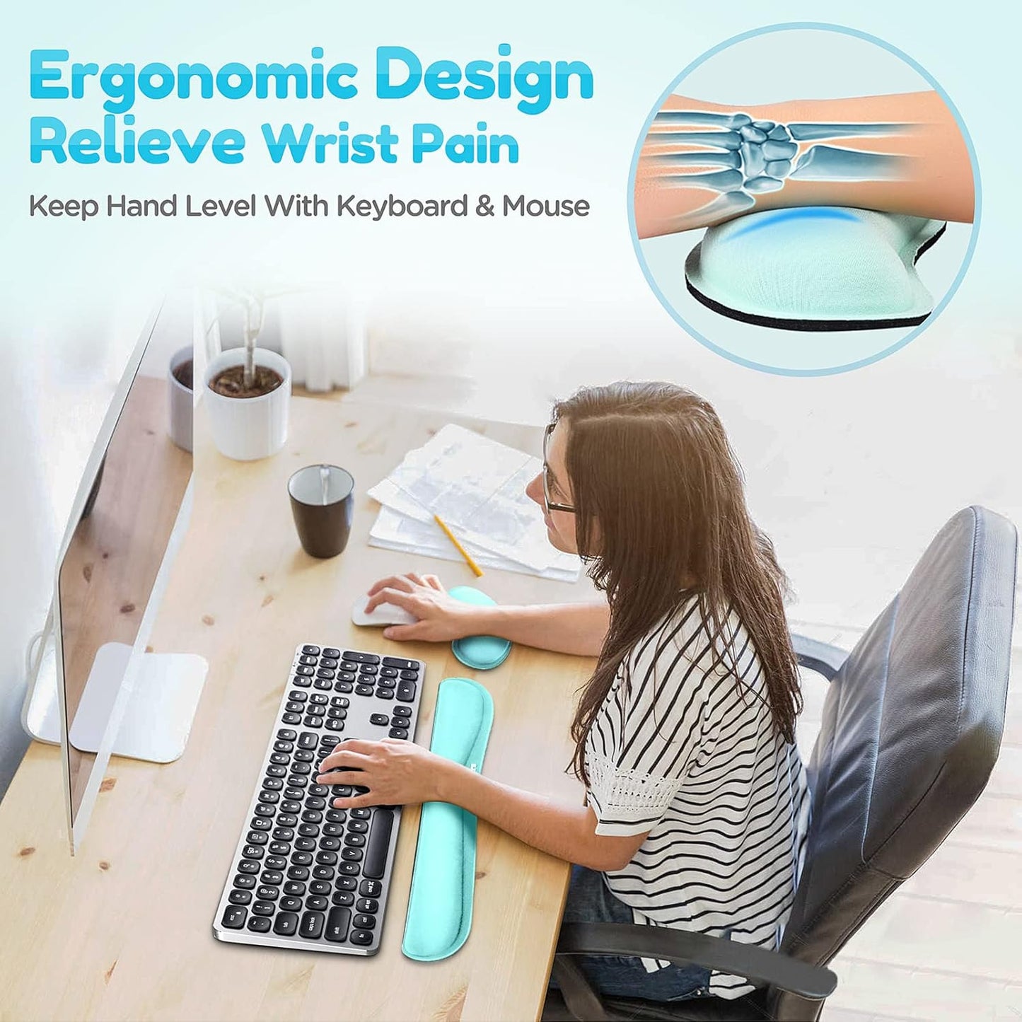 Gimars Upgrade Enlarge Silky and Superfine Fabric Gel Memory Foam Keyboard Wrist Rest Set, Ergonomic Keyboard Mouse Wrist Support for Typing Pain Relief, Comfort for Office, Gaming, Computer