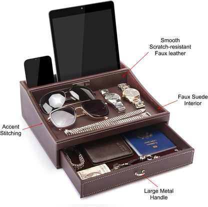 Baoyun Gifts for Dad Mens Nightstand Organizer, Jewelry Box for Men, Mens Dresser Organizer Countertop, Large Capacity Leather Valet Tray for Phones Pad Wallet Key Christmas Gifts for Men