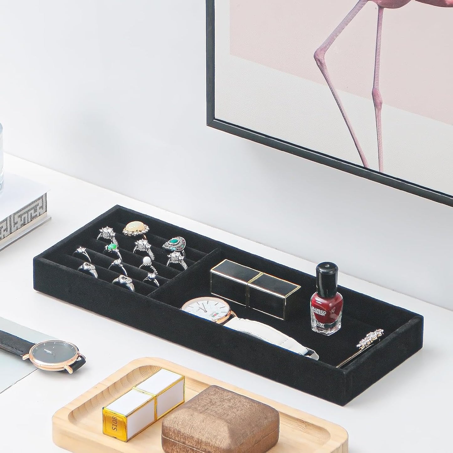 Divided Drawer Organizer Tray, Velvet Jewelry Storage Tray, Necklace Bracelet Ring Earring Display Tray,Bedside Nightstand Desk Holder Tray for Phone Watch Sunglasses Cosmetics Storage/Beige/1grid