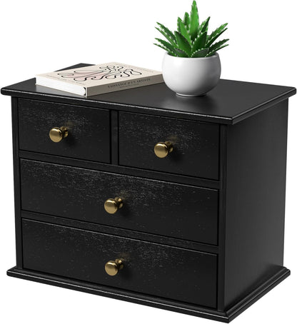 Oak Desk Organizer with Drawers, Durable Wooden Desktop Storage Box with Metal Handles & Non-Slip Silicone Pads, 4 Drawer Tabletop Organizer for Office, Bedroom, Bathroom, Vanity, and Makeup – Walnut