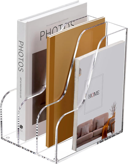 SANRUI Acrylic File Organizer, Clear Magazine File Holder Desk Organizer for Office Organization and Storage with 5 Vertical Compartments, Desktop Bookshelf for Home Office Organization