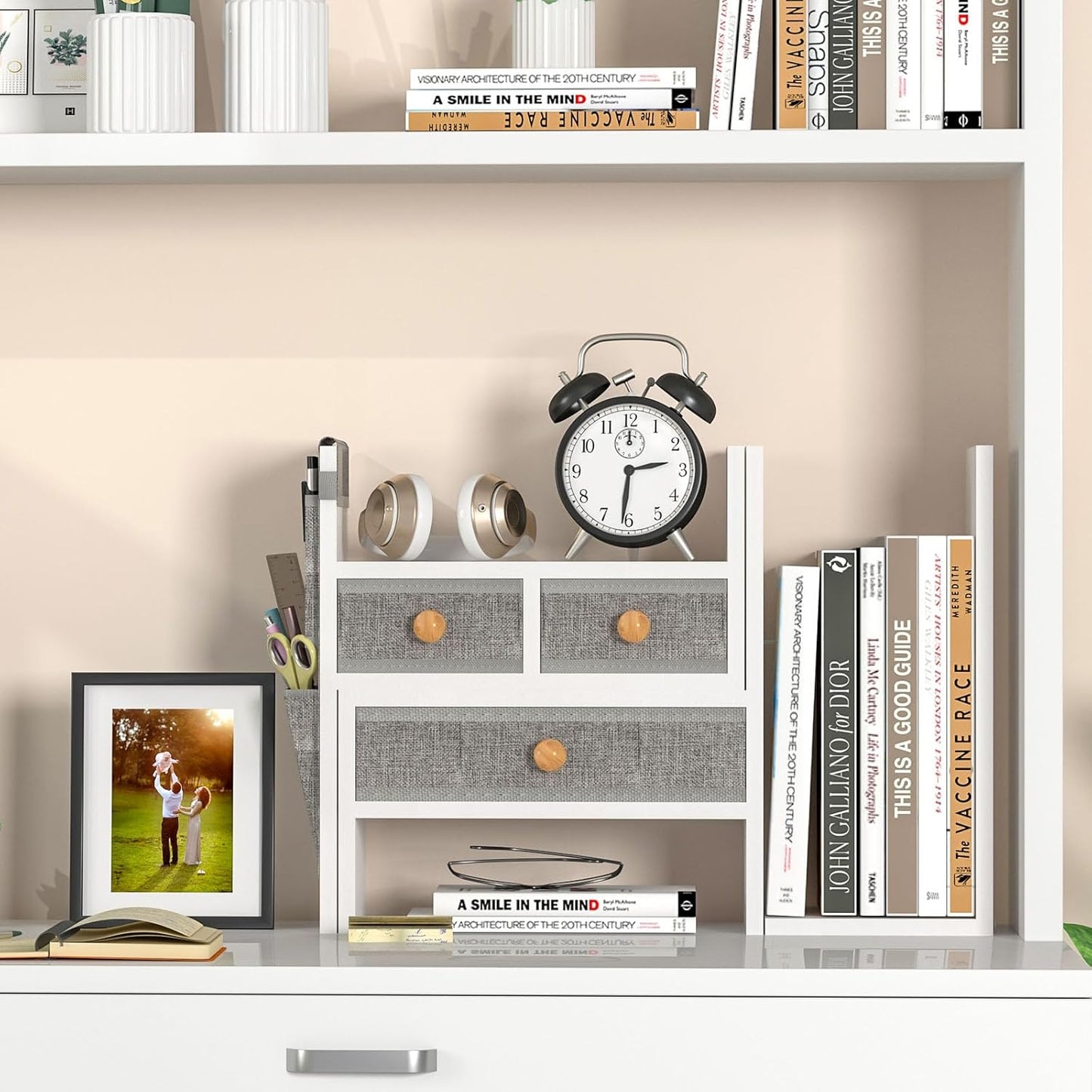 X-cosrack Adjustable Desk Shelves for Storage, Desktop Bookshelf with 3 Drawers, White Wood Desk Shelf for Top of Desk, Corner Desktop Organizer for Women Office