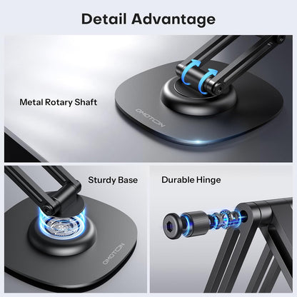 OMOTON 360°Rotating MS04 Magnetic Phone Stand for Desk, Adjustable Foldable Aluminum for MagSafe Cell Phone Stand Holder with Non-Slip Base, for iPhone 17/16/15/14 Pro Max Air, Black