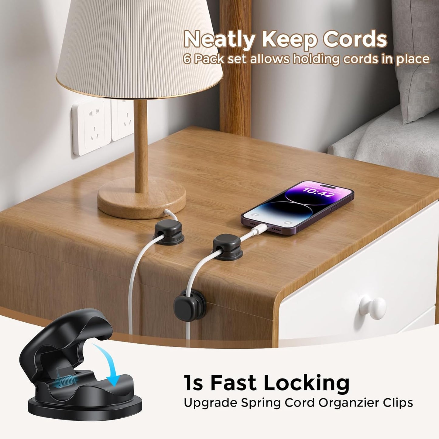 AhaStyle 6 Pack Magnetic Cable Organizer [1s Lock] Cord Holders Clips Strong Adhesive Cord Keeper [Smooth Adjustable] Hide Wire Cord Organizer for Nightstand Kitchen Car Office (Lavender)