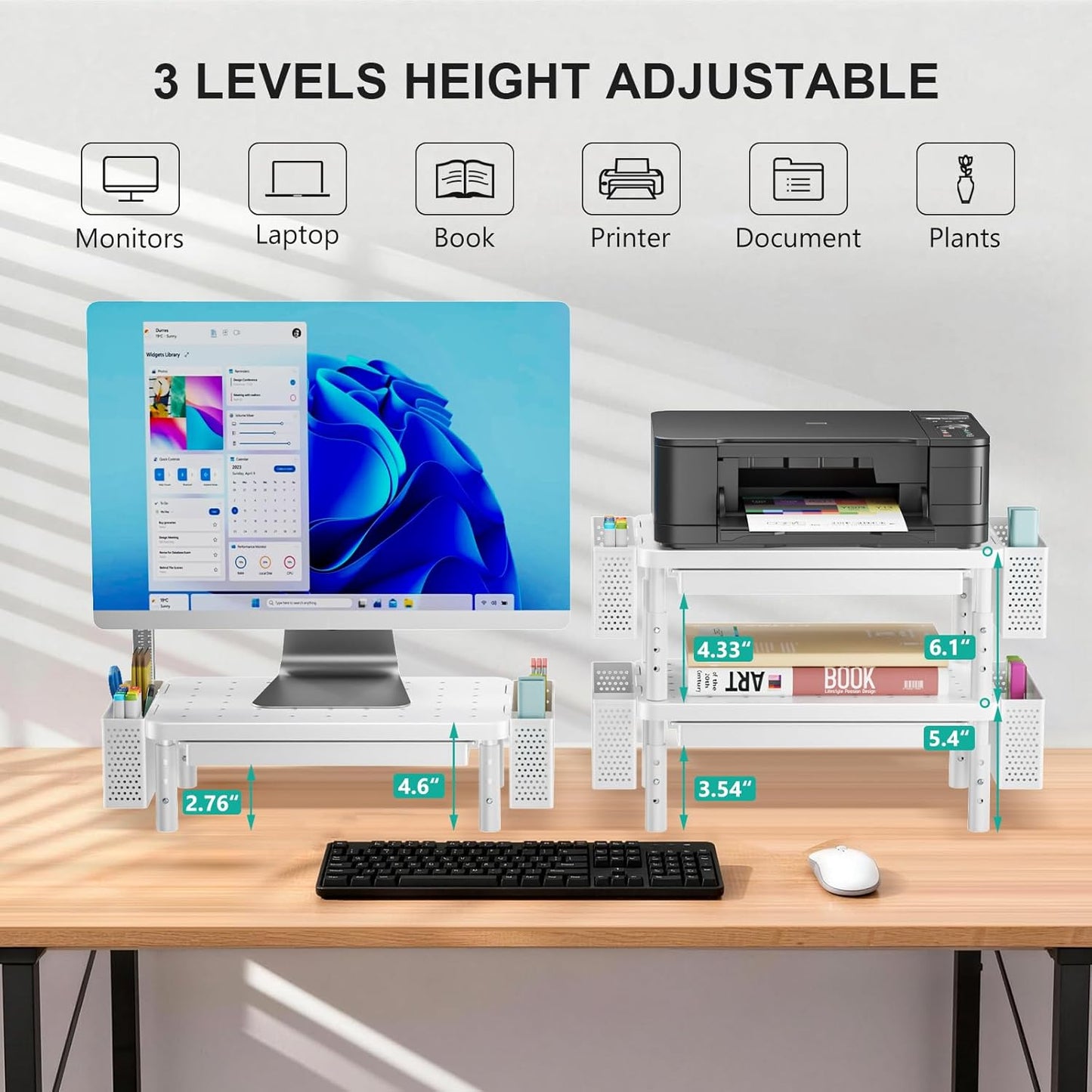 WALI Computer Monitor Stand with Storage, Desk Monitor Riser 3 Height Adjustable, Laptop Riser with Airflow Vents, Desk Organizer for Computer, Laptop, Printer (PTT002-B), 1 Pack, Black