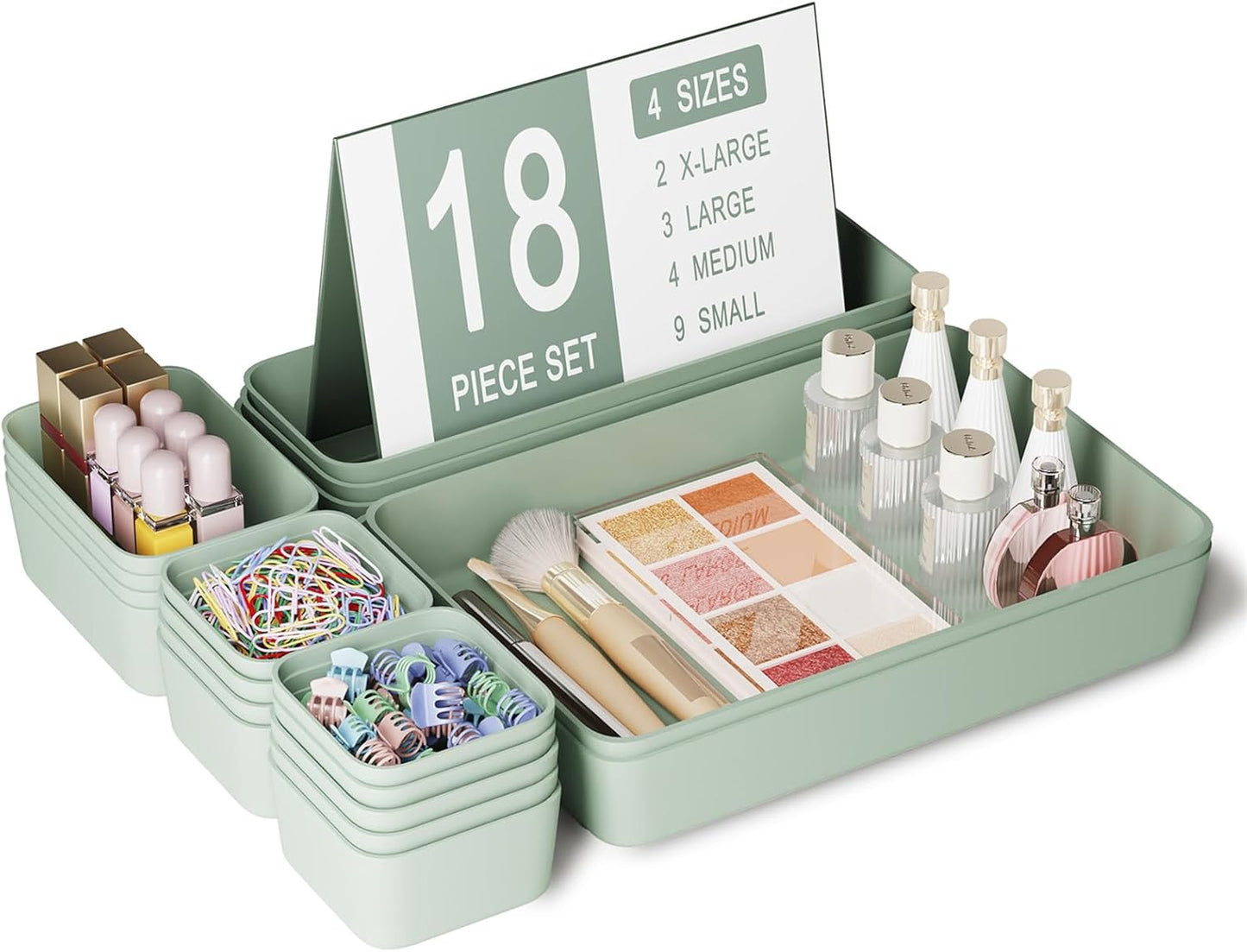 Plastic Drawer Organizers, 10 PCS Drawer Organizer Bins, Bathroom and Vanity Organizer Plastic Tray, Makeup organizer and storage for Makeup, Bedroom, Kitchen Gadgets Utensils and Office (Green)