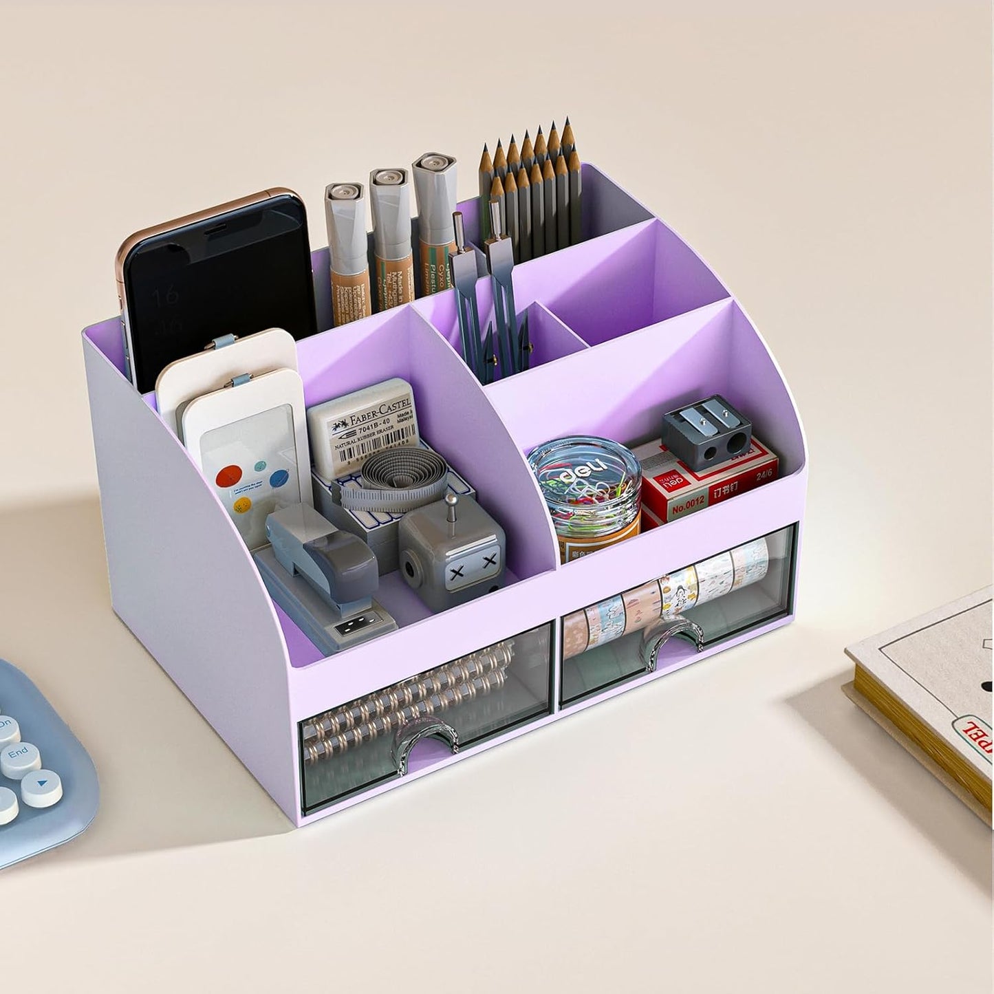 COMFYROOM Desk Organizer with 6 Compartments and 2 Drawers, Plastic Makeup Organizer, Pen Holder for Desktop Storage, Desk Organization for School, Home, Office Supplies (White)