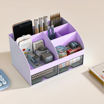 COMFYROOM Desk Organizer with 6 Compartments and 2 Drawers, Plastic Makeup Organizer, Pen Holder for Desktop Storage, Desk Organization for School, Home, Office Supplies (White)
