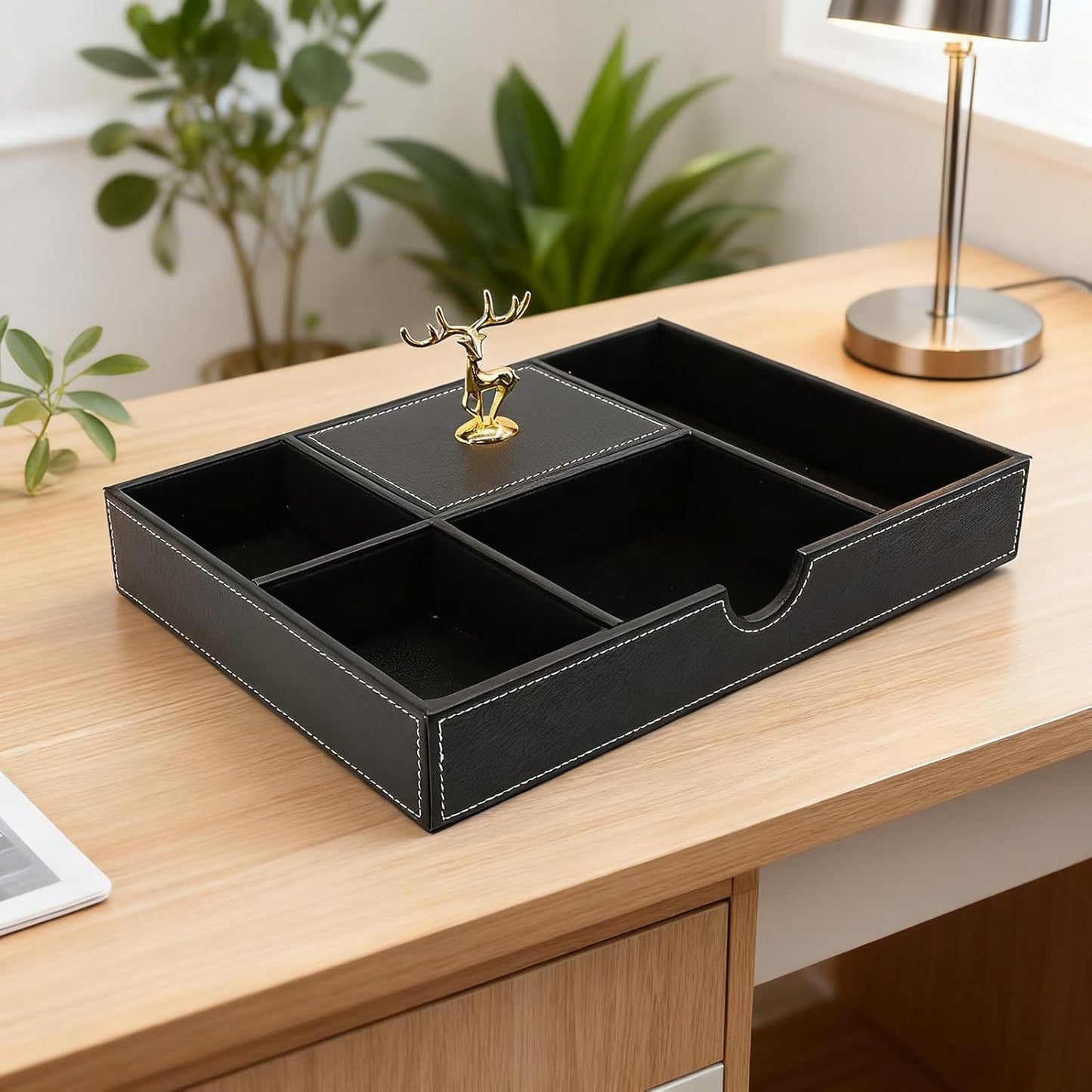 Jewelry Trays Nightstand Organizer, Valet Tray for Men and Women, Dressing Table Storage Box, Dark Brown Faux Leather, 5 Compartment