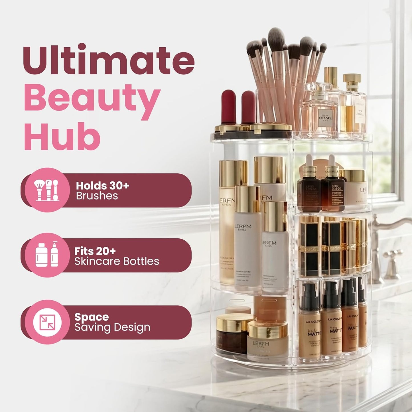 Masirs Small 360 Rotating Makeup Organizer - Mini Yet Spacious Cosmetic Storage Solution with Multiple Compartments - The Perfect Spinning Make-Up Caddy for Vanity or Bathroom Counter (Round - Clear)