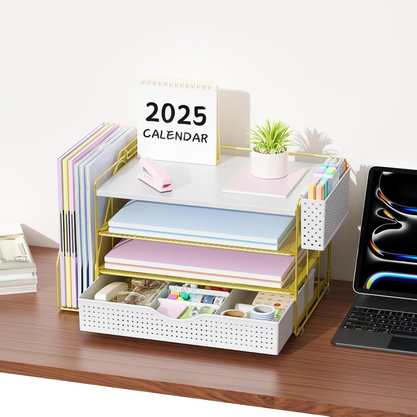 gianotter Wood Desk Organizers and Accessories with File Holder, 4-Tier Desk Accessories & Workspace Organizers with Drawer and Pen Holder, Desk Reference Organizer (Wood)