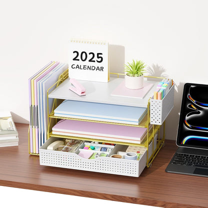 gianotter Wood Desk Organizers and Accessories with File Holder, 4-Tier Desk Accessories & Workspace Organizers with Drawer and Pen Holder, Desk Reference Organizer (Wood)