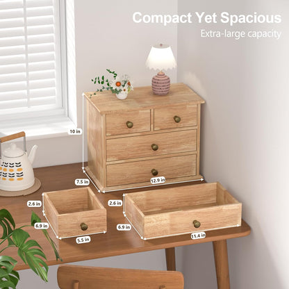 Oak Desk Organizer with Drawers, Durable Wooden Desktop Storage Box with Metal Handles & Non-Slip Silicone Pads, 4 Drawer Tabletop Organizer for Office, Bedroom, Bathroom, Vanity, and Makeup – Walnut