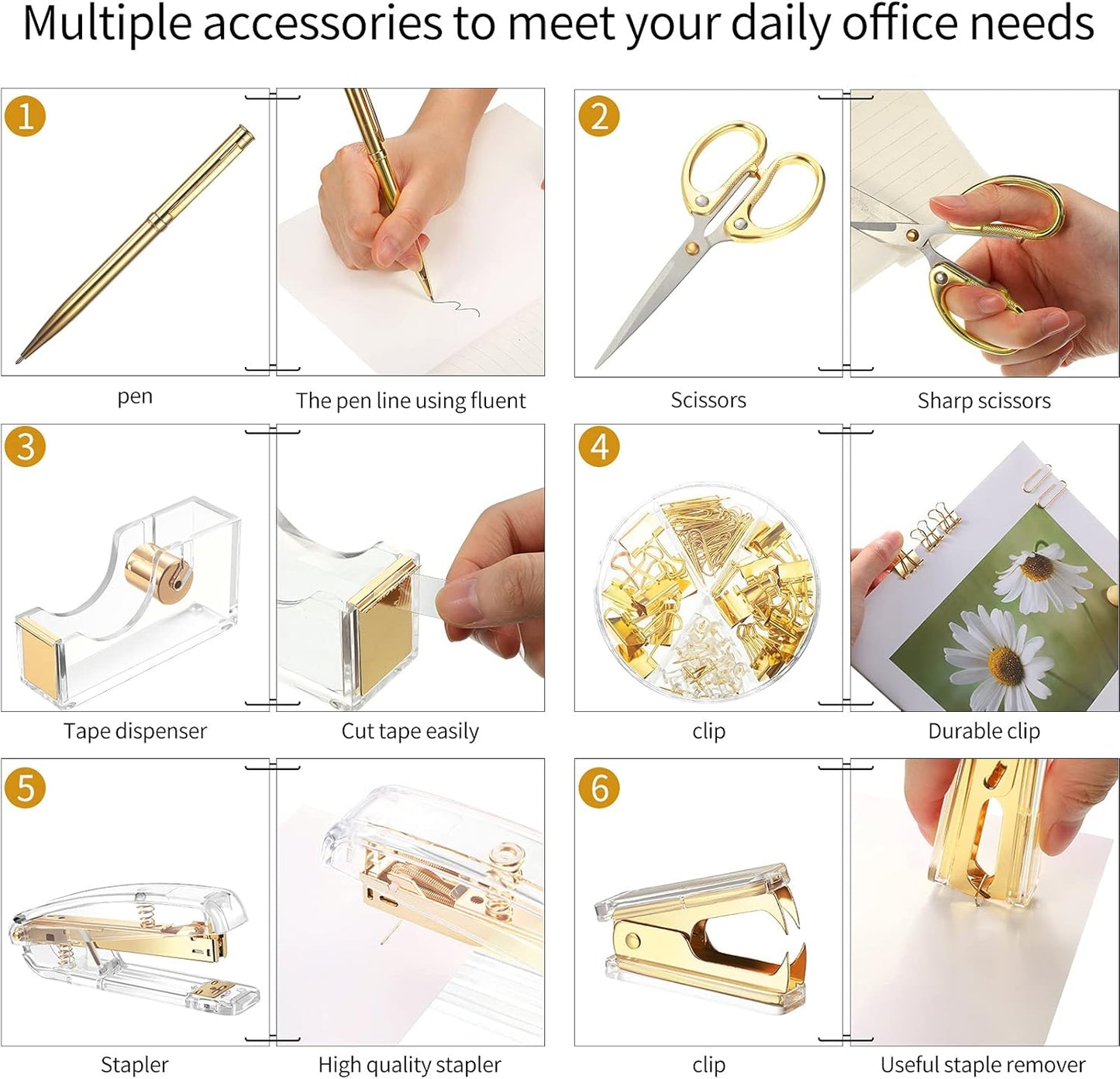 Office Supplies Set Desk Accessory Kit, Acrylic Stapler Set Staple Remover, Tape Dispenser, Binder Clips, Paper Clips, Ballpoint Pen and Scissor with 1000 Pieces 26/6 Staples (Silver)