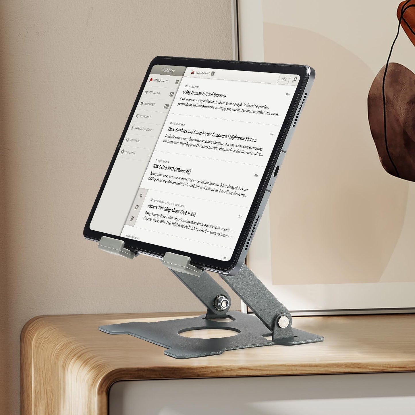 KABCON Quality Tablet Stand,Adjustable Foldable Eye-Level Aluminum Solid Up to 15-in Tablets Holder for Microsoft Surface Series Tablets,iPad Series,Samsung Galaxy Tabs,Amazon Kindle Fire,Etc.Silver