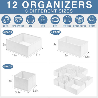 Criusia Drawer Organizer Clothes 12 Pack, Dresser Organizer for Nursery Bedroom Closet Organization and Storage - Baby Clothes Organizer Bins - Drawer Divider for Sock Underwear Bra Ties (Grey)