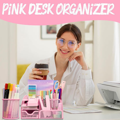 Purple Desk Accessories, 17Pcs Purple Office Supplies Set with Stapler, Mesh Desk Organizer, Tape Dispenser, Staple Remover, Pen Holder, Clips, Pens, Ruler, for Office Home School Women Students Gift