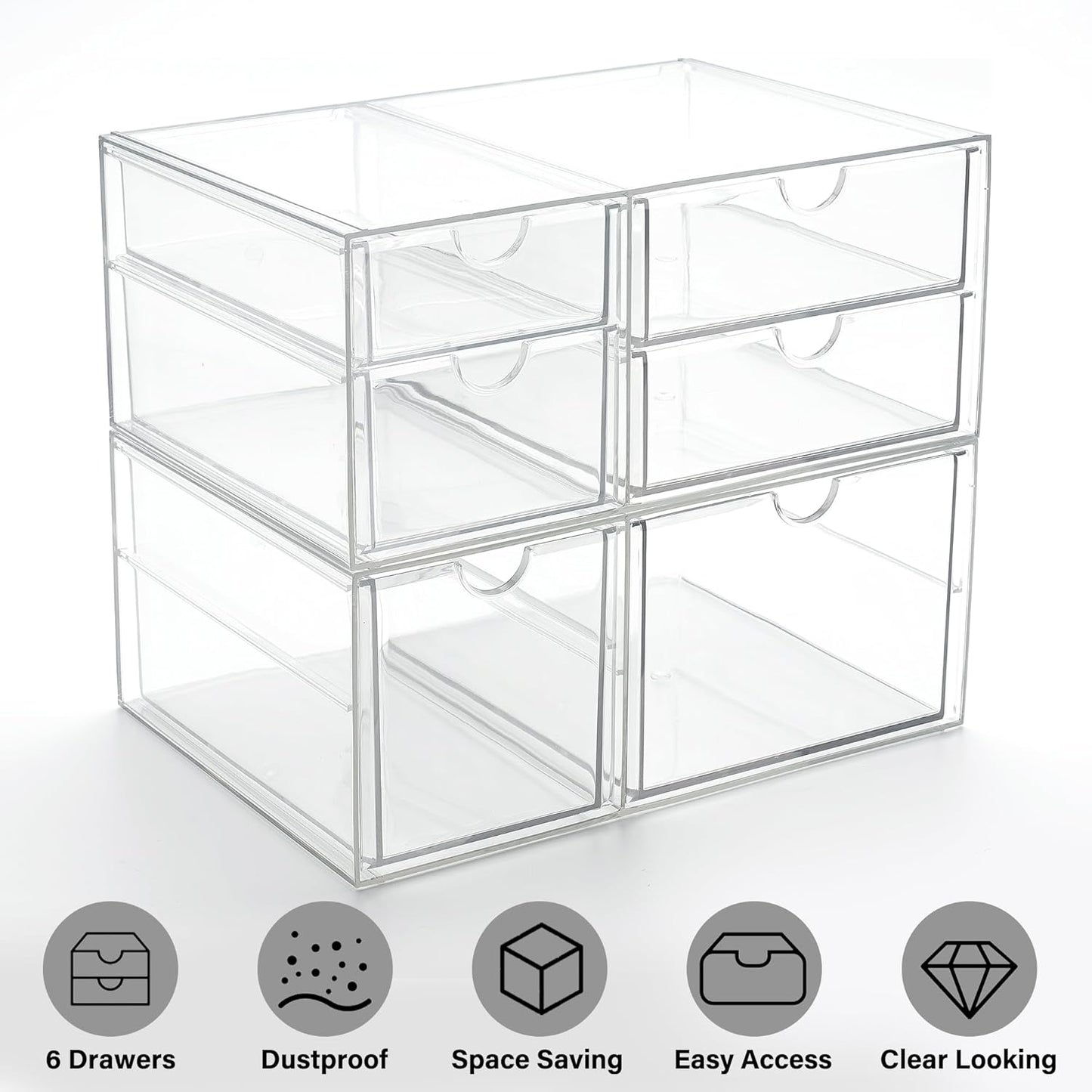 Prsildan Acrylic Makeup Organizer, 2 Pack Stackable Storage Drawers with 6 Drawers for Office Desk Vanity Craft Room Clear Drawer Organizers for Hair Accessories Art Supplies Cosmetics Modular System
