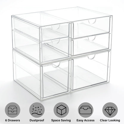Prsildan Acrylic Makeup Organizer, 2 Pack Stackable Storage Drawers with 6 Drawers for Office Desk Vanity Craft Room Clear Drawer Organizers for Hair Accessories Art Supplies Cosmetics Modular System