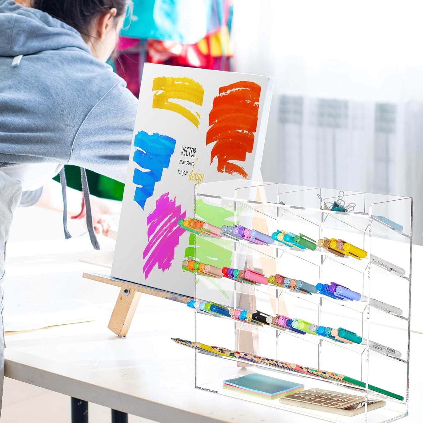 MotiMind Acrylic Pen Organizer Storage for 250 Markers Vertical Marker Organizer Acrylic Pen Display Holder for Office Desk Desktop Stationery Pencil Storage, Clear, 13 x 4 x 12.4 Inch