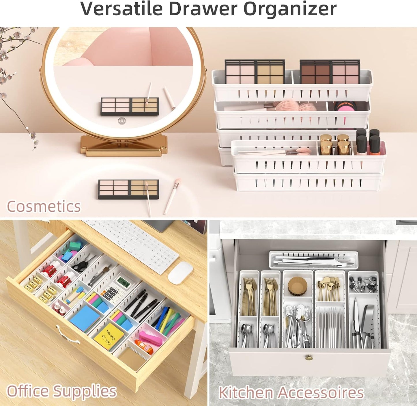 Desk Drawer Organizer Tray, 4 Pack Expandable Drawer Organizer with Dividers Adjustable, Bathroom Organizer Bins for Junk, Office, Makeup, Kitchen Utensil