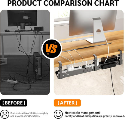 Extended Metal Under Desk Cable Management Tray with Power Outlet, No-Drill Wire Organizer with Clamp, Cord Storage Raceway for Desk Cable Management for Office Home (White)
