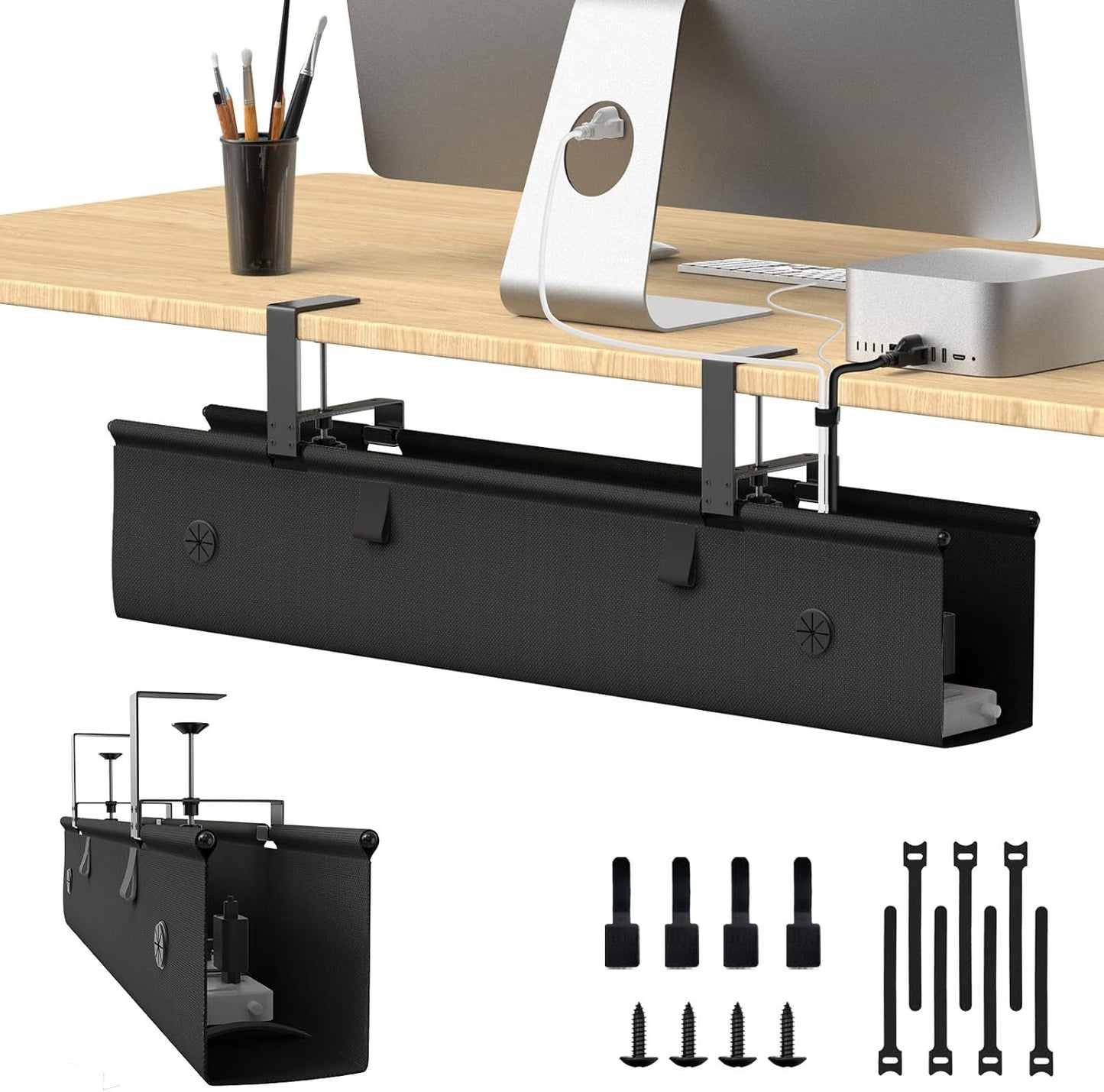 Under Desk Cable Management Tray, 40-inch No-Drill Cord Organizer with Anti-Sag Reinforced Base, Fabric Wire Management Hider for Standing Desk, Office & Gaming Accessories - Black