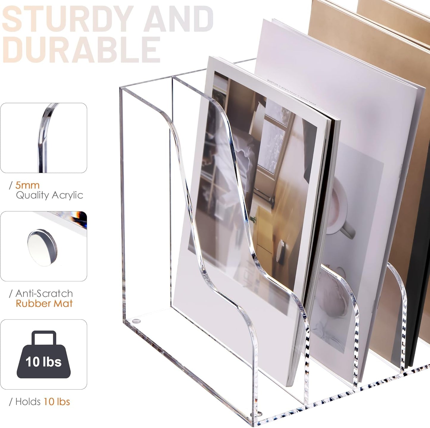 SANRUI Acrylic File Organizer, Clear Magazine File Holder Desk Organizer for Office Organization and Storage with 5 Vertical Compartments, Desktop Bookshelf for Home Office Organization