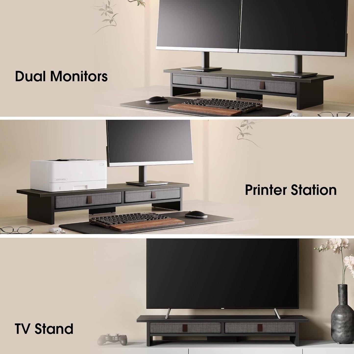 Fenge Monitor Stand with Drawer, 2 Tiers Dual Monitor Riser for Desk, 35 Inch Computer Stand for 2 Monitors, Desk Shelf for Home, Office, Laptop, PC, TV, Printer