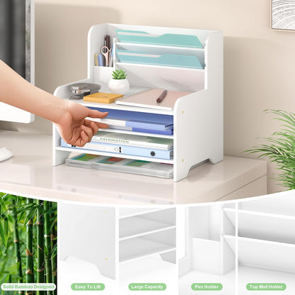 Bamboo Desk Organizer Mail Holder Countertop Letter Tray File Organizer for Desk Letter Sorter Paper File Storage for School Home Office Supplies