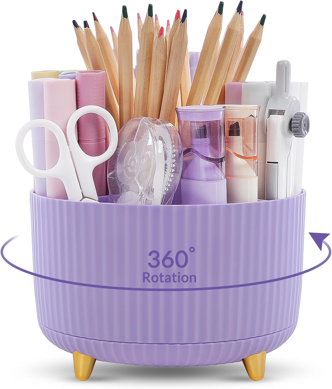 KONVINIT Pencil Pen Holder for Desk, 5 Slots 360 - Degree Rotating Desktop Organizer, Cute Desk Organizers and Accessories for School, Home, Office and Art Supply, Beige