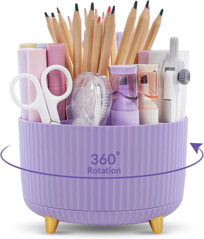 KONVINIT Pencil Pen Holder for Desk, 5 Slots 360 - Degree Rotating Desktop Organizer, Cute Desk Organizers and Accessories for School, Home, Office and Art Supply, Beige